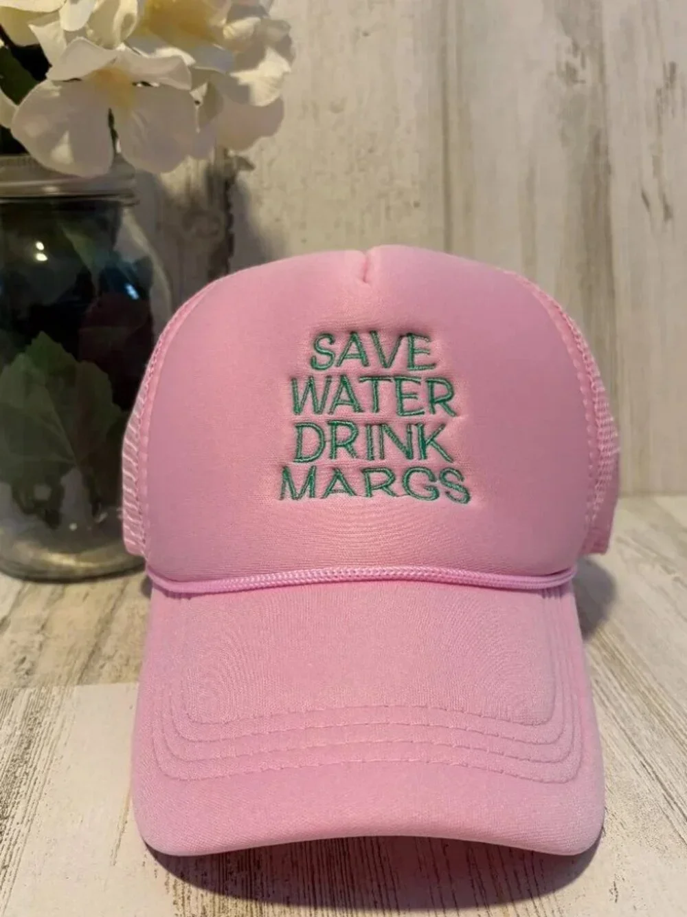 “SAVE WATER DRINK MARGS” Pink & Green Embroidered Snap Back Trucker Hat‎ NEW!!!